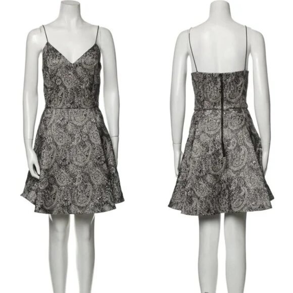 Alice + Olivia A-Line Dress Silver Printed Sleeveless with V-Neck Exposed Zip Cl - Picture 2 of 11